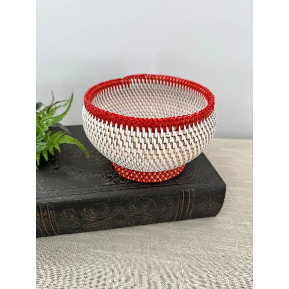Vintage Woven Pedestal Basket Bowl Red Trim Boho Cottagecore Centerpiece Decor